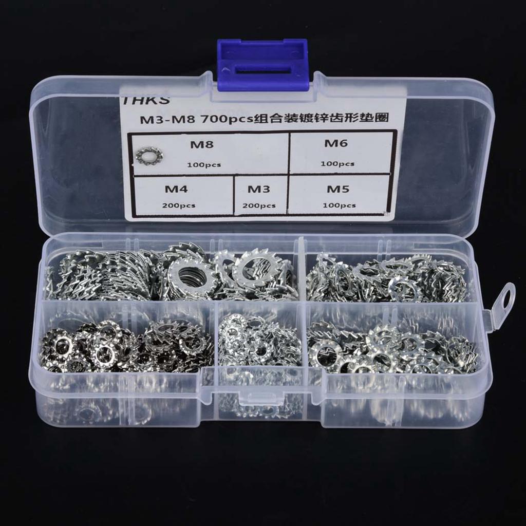 700pcs Galvanized Serrated Toothed Lock Washer Flat Set Fastening Tool M3M4M5M6M8