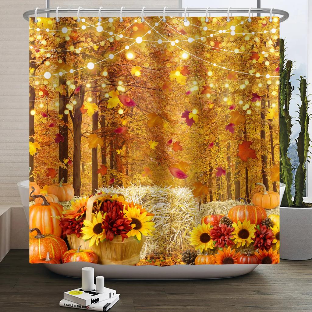 Autumn Forest Maple Shower Curtain Natural Jungle Leaves Pumpkin Fall Bathroom Shower Curtain Waterproof Shower Curtain Decor