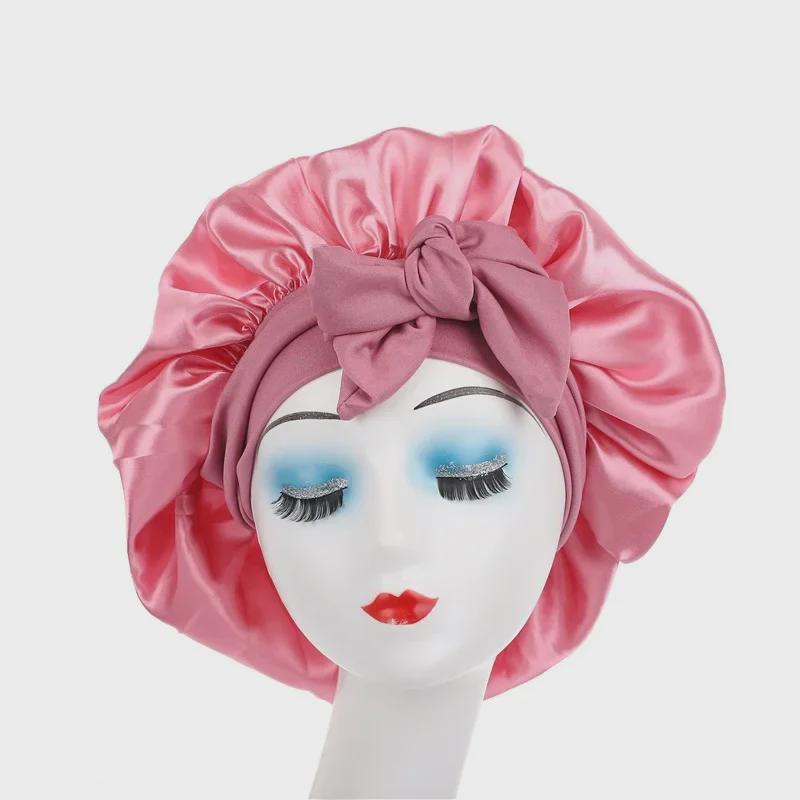 High Elastic Satin Nightcap with Wide Brim & Bow for Salon Hair Care