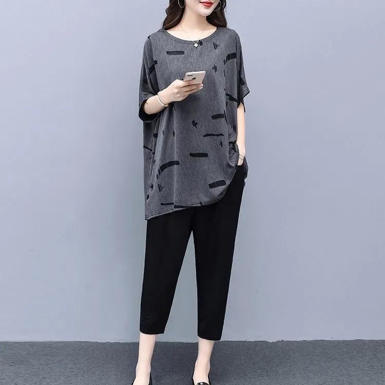 Plus Fat Plus Size Женский летний костюм Футболка с короткими рукавами Серый двухсекционный костюм-футболка