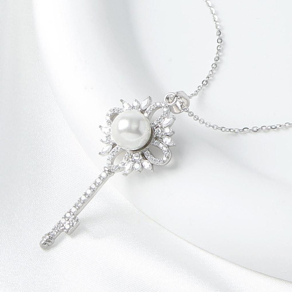 925 Silver Platinum Plated Pearl Key Women's Necklace