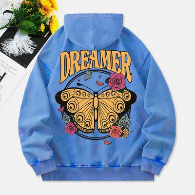 Винтажное худи с бабочкой, женская хлопковая толстовка с надписью Dreamer, длинные рукава, карман, оверсайз, одежда с капюшоном