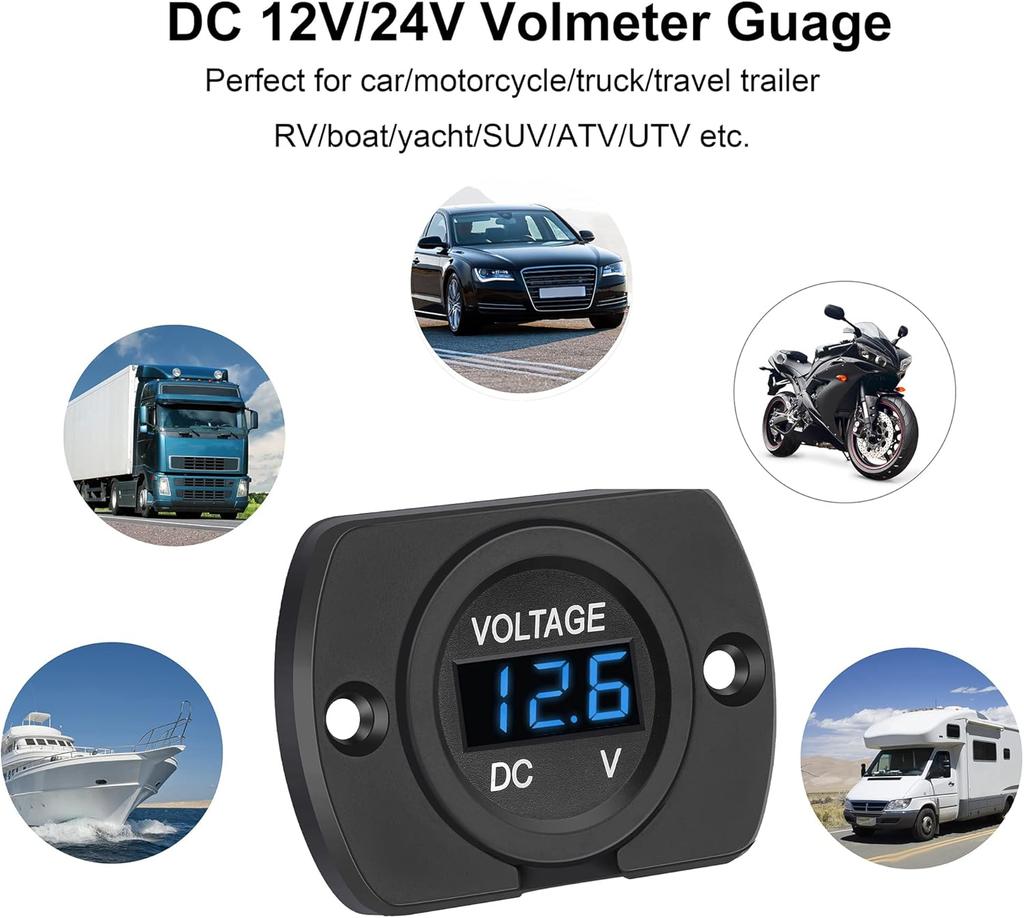 2 Pack DC 12V 24V Waterproof Car Voltmeter LED Digital Display Panel, Round Voltage Gauge with Terminals for Car/Motorcycle/Travel Trailer/Truck/Boat