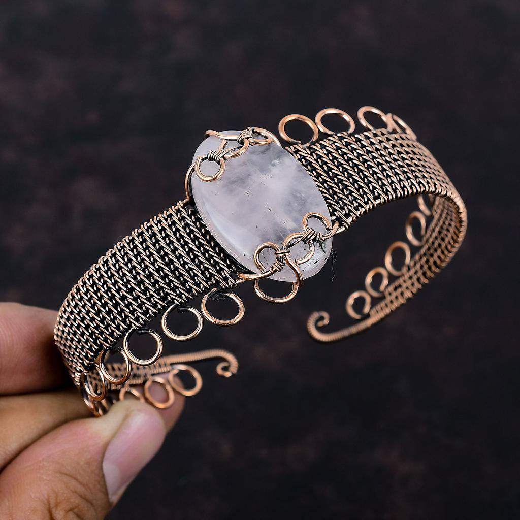 Браслет из розового кварца, медная проволока, браслет-манжета, регулируемый браслет с драгоценными камнями, ручная работа, медные украшения, подарок для него, проволочная обмотка, ювелирные изделия