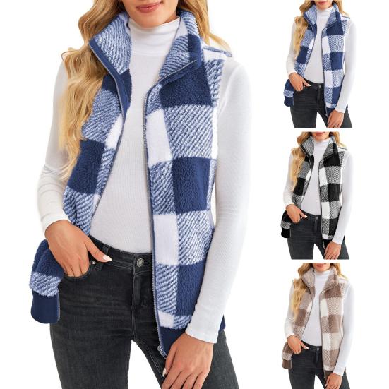Женский осенне-зимний жилет, пальто без рукавов с воротником-стойкой, толстая плюшевая защита шеи, застежка-молния, кардиган, подходящий по цвету клетчатый карман, женский жилет
