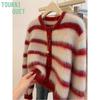 Wasteland Style Striped Mink Velvet Chinese Sweater Women's Autumn Winter New Fashion Casual Soft Waxy Knitted Cardigan