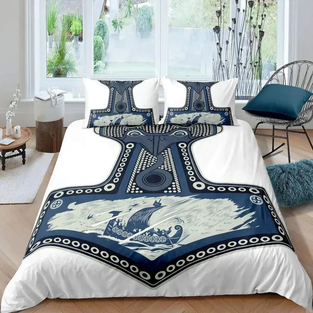 Viking Duvet Cover Set KingQueen Size Slate Blue Mjolnir Pattern Bedding Set Northern Germanic Culture Polyester Quilt Cover
