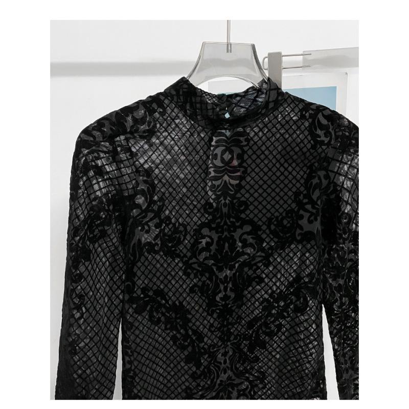Women's Lace Sheer V Neck Long Sleeve T Shirts Tops Bodysuit Jumpsuit Bodycon Rompers Fall Clothes Clubwear Bodysuits