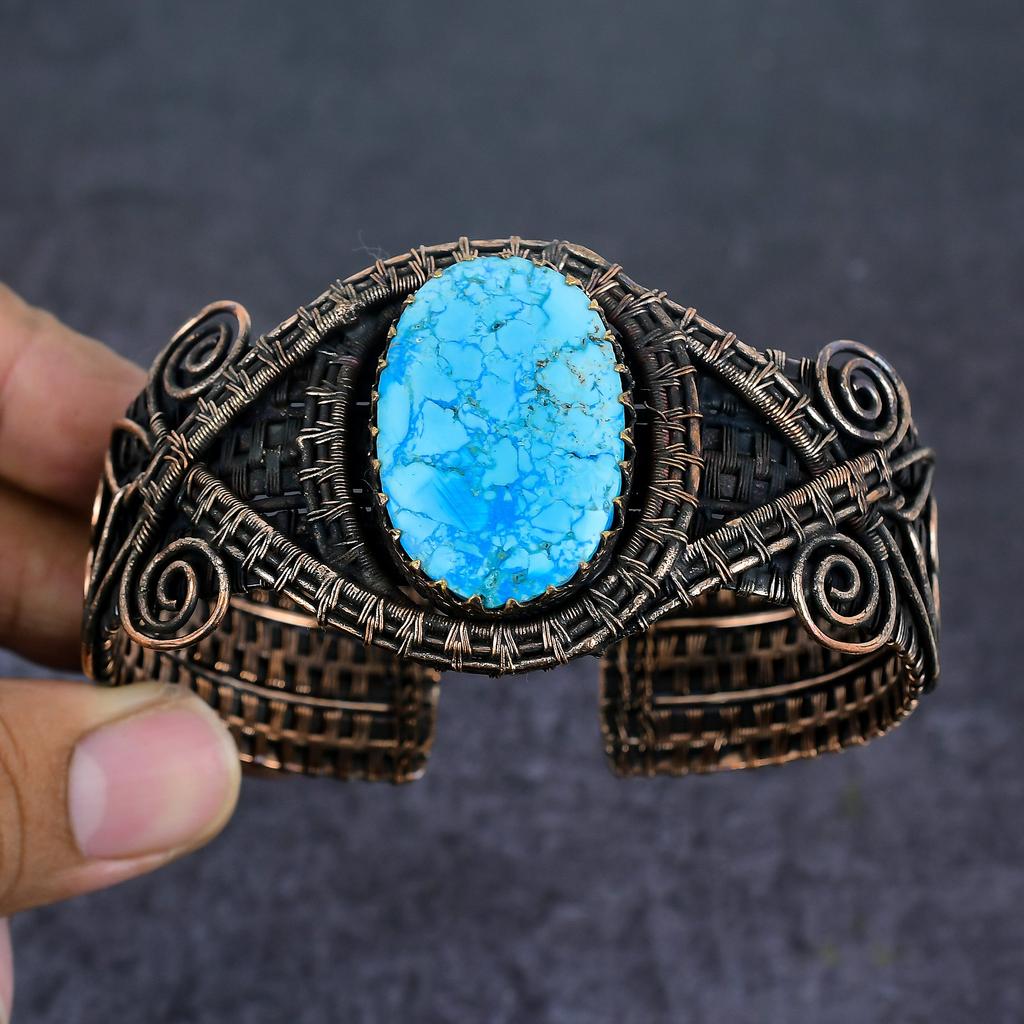 Тибетская бирюза, драгоценный камень, ручная работа, манжета-браслет с обмоткой из медной проволоки, регулируемый j9R87