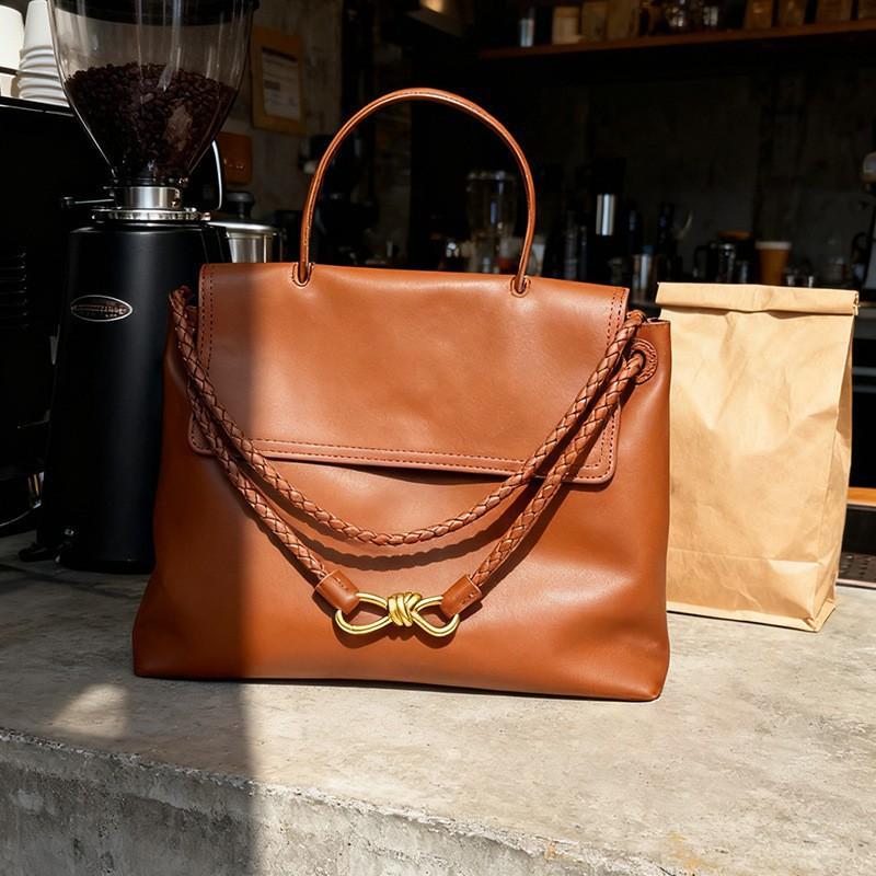 Plain Fashion Light Luxury All-match Bow Gold Buckle Single-shoulder Cross-slung Portable Leather Tote Bag