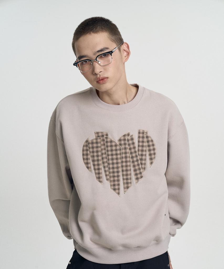 MOO Check Heart Applique Sweatshirt - Sand Beige