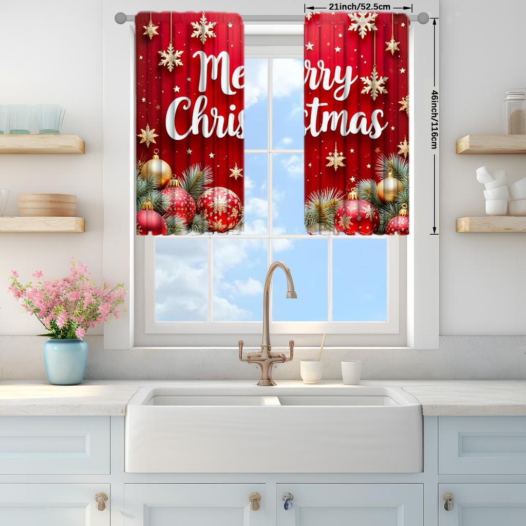 2pcs Festive Atmosphere with Merry Christmas Printed Curtain for Christmas Home Decor - Rod Pocket Window Treatment for Bedroom