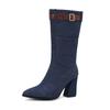Denim Autumn Winter Shoes Thick High Heels Stone Belt Decoration Keep Warm mid-calf-Boots