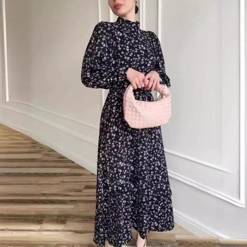 Gentle Loose Tie Floral Satin Long Sleeve Long Dresses