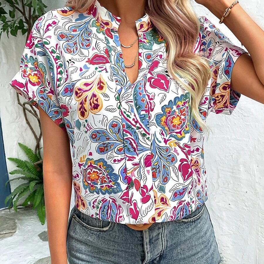 DAFIFY Женская мода лето весна повседневные блузки и рубашки с цветочным узором и принтом с коротким рукавом и v-образным вырезом