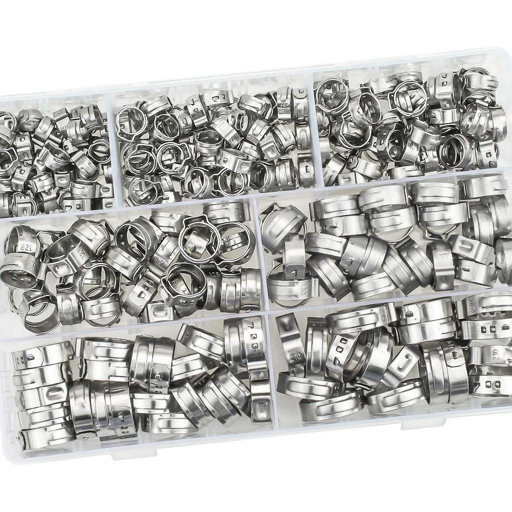 128Pcs Single Ear Stepless Clamp Set Hose Clamp Clamp 304 Stainless Steel Single Ear Pipe Clamp PEX Pipe Clamp