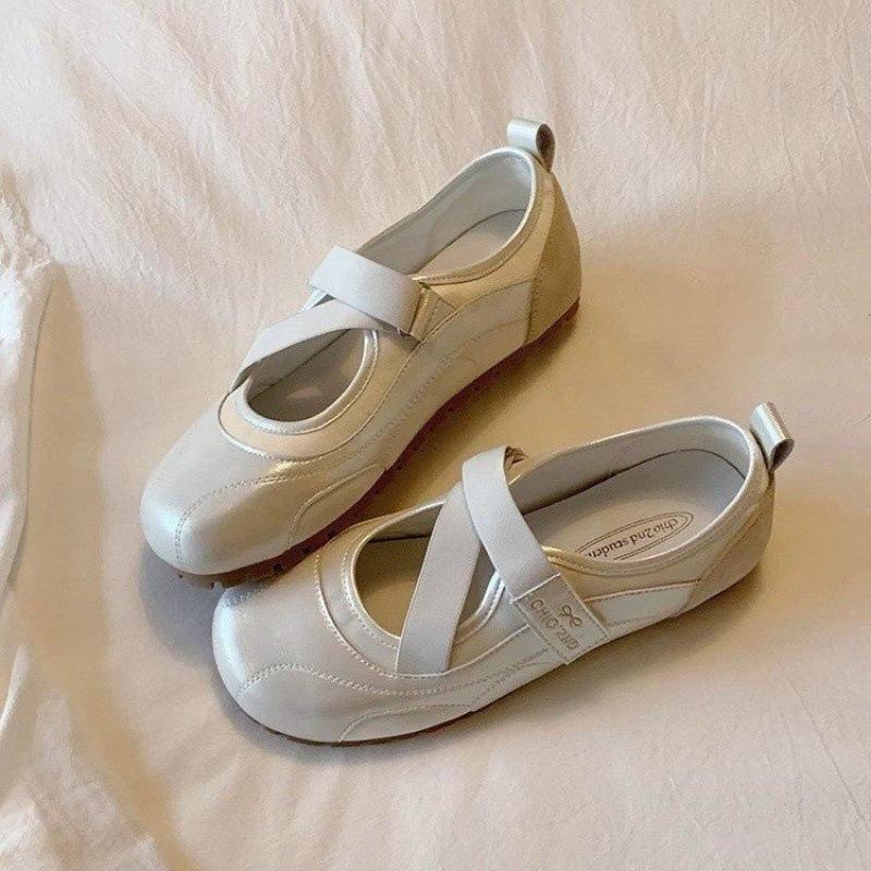 2026 new puff single shoes women's cross strap light-colored small leather shoes summer shoes with skirts flat shoes