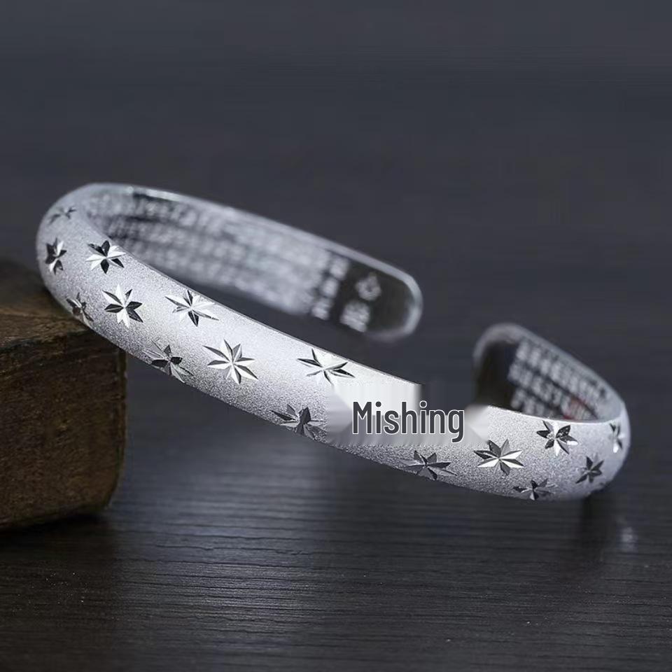 Gypsophila Heart Sutra Silver Open Bangle: Simple Women's Buddhist Bracelet