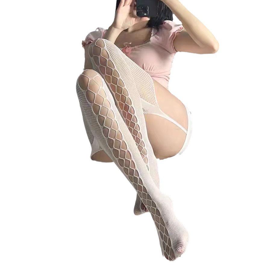 "Sexy Black Fishnet Lingerie: Open Crotch Garter Stockings for Millennials"