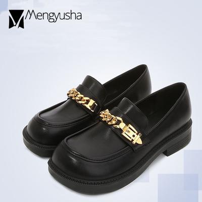 Мода 2024 года, металлические цепочки, маленькие кожаные туфли, женские туфли без застежек, на плоской подошве, женские туфли дерби, толстые каблуки, мокасины с большим квадратным носком, большие размеры 34-43