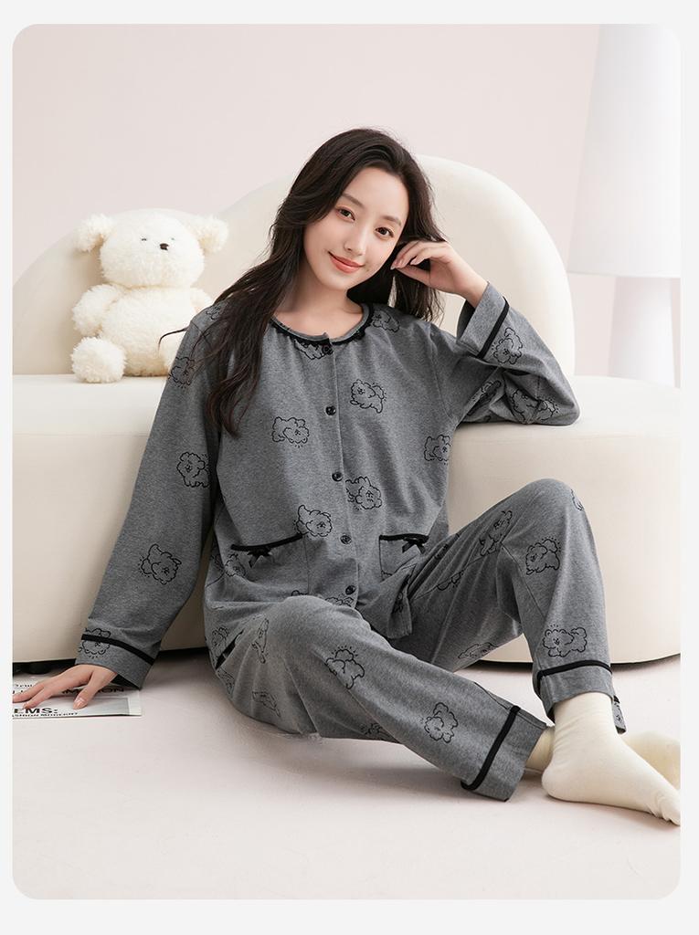 Fenteng [100% Cotton] Lace Round Neck Line Dog Wear Exquisite Long Sleeve Home Clothes Set Women's Pajamas