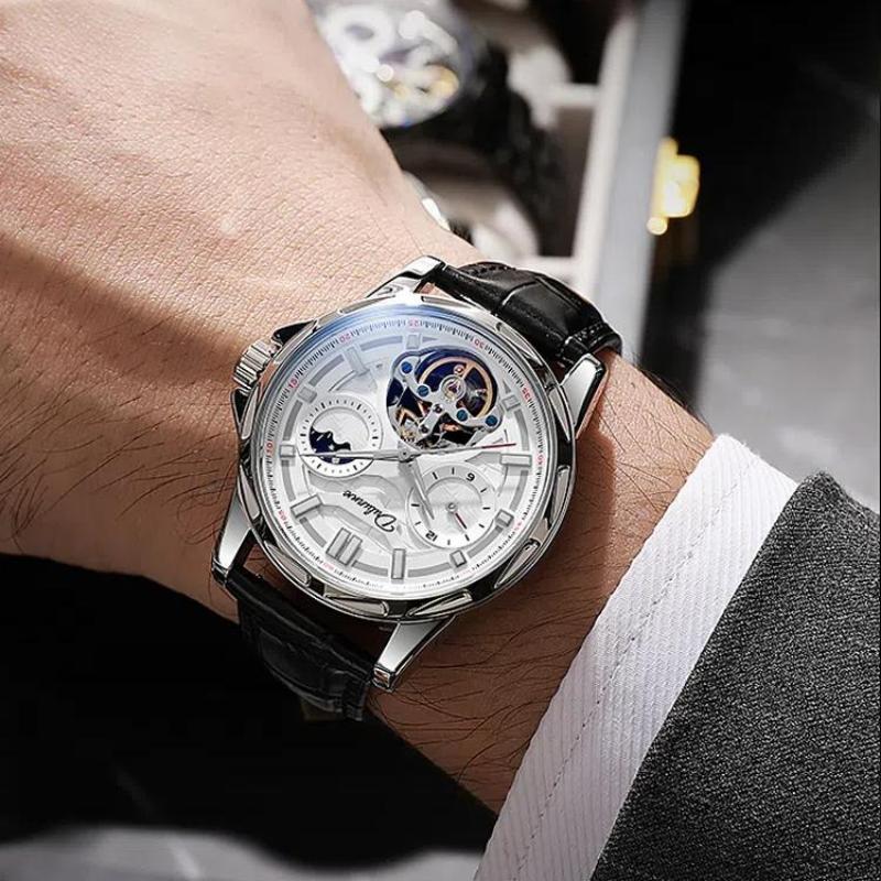 Dulunwe Роскошные автоматические механические часы-скелетоны для мужчин с полым турбийоном, фазой Луны, 12-часовым диском, светящимися часами из нержавеющей стали