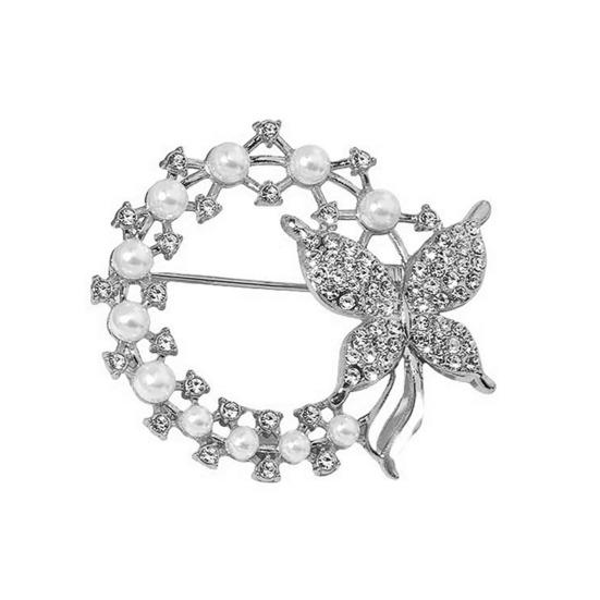 Anti-Exposure Brooch Round Women Shape Brooch with Rhinestones Imitation Pearls Suits Coats Sweaters Pin Commuting Dating