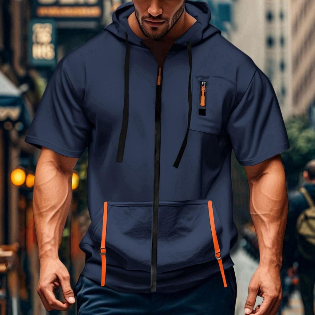 Men's Casual Short-sleeved Sweatshirt. Loose And Breathable Solid-color Sweatshirt Jacket With Multiple Pockets And A Zipper.