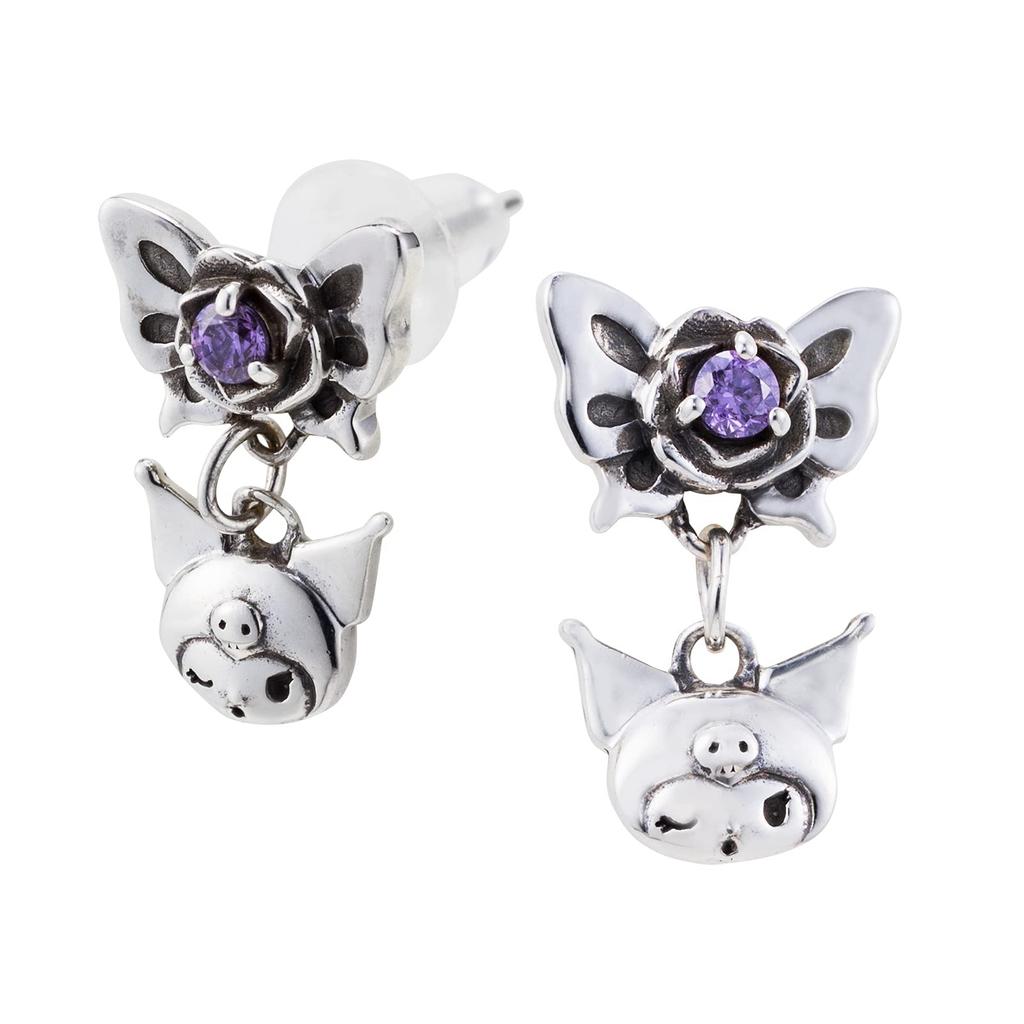 КУРОМИ Серьги для обоих ушей Набор из 2 штук Персонажи Sanrio Бабочка Роза Череп Качающийся Подмигивающий Серебро 925 пробы Кубический цирконий Силиконовые застежки Фиолетовый Фиолетовый