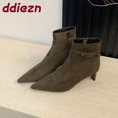 Модные Новые Женские Ботильоны Современные Женские Ботильоны с Молниями Обувь Мода Флок Женские Короткие Ботинки Каблуки Обувь Туфли-Лодочки