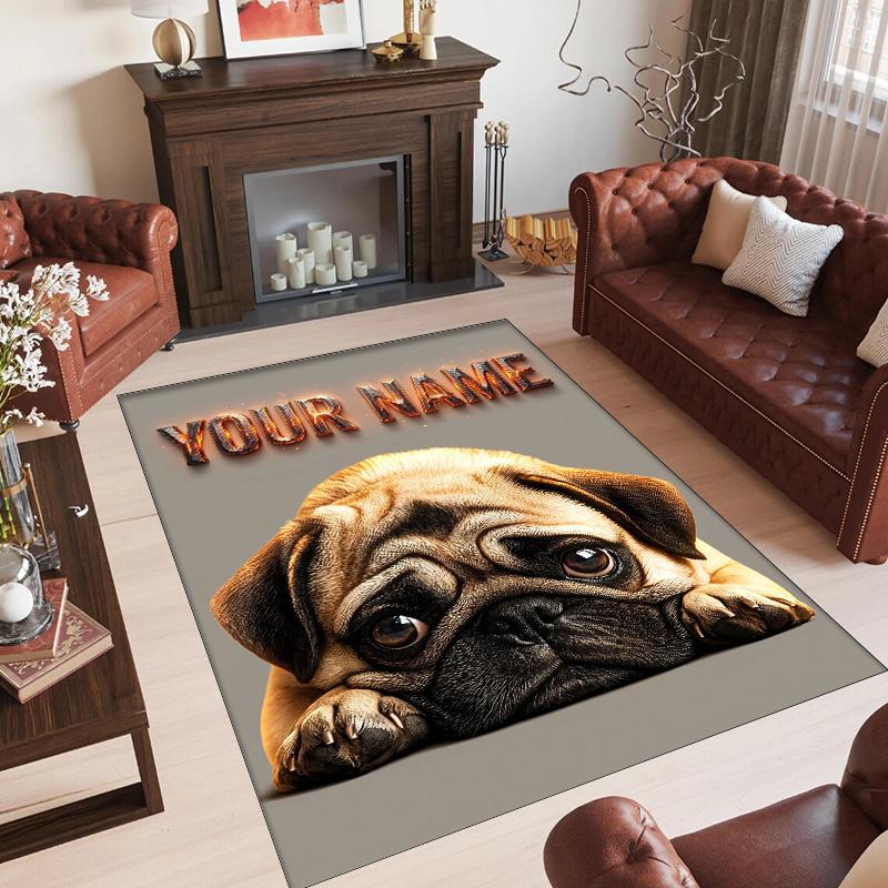 Pug Theme Crystal Velvet Floor Rug Personalized Custom Name Text Warm Carpet Home Decoration