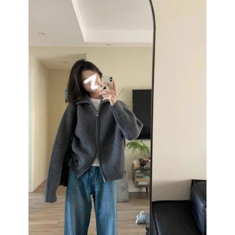 Вязаный кардиган на двойной молнии для женской осени и зимы, мягкий восковой свитер в рубчик, топ с высоким воротником, куртка
