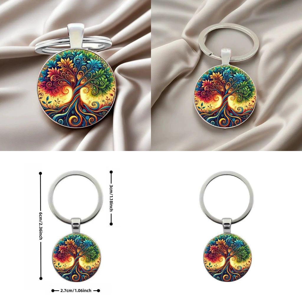 Life Tree Glass Pendant Keychain With Vibrant Line Design For Celebration And Souvenir Use