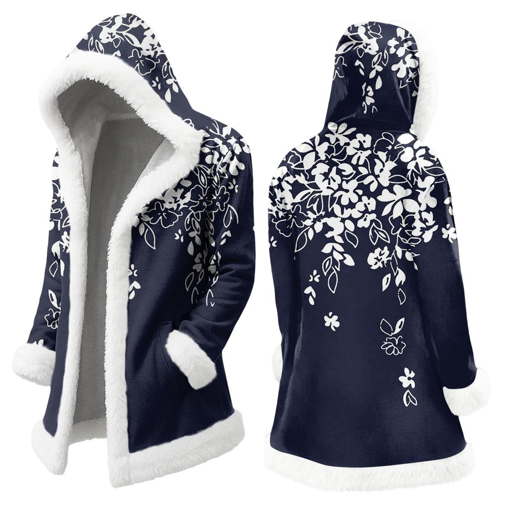 Unisex Casual And Fashionable Plush Collar Hooded Long Sleeved Floral Gradient Printing Jacket