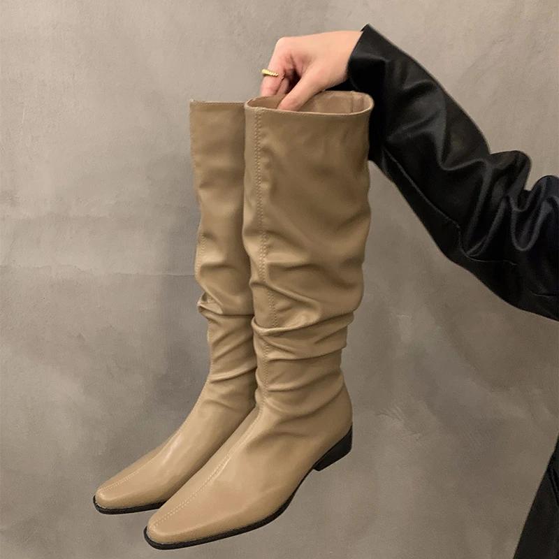 Мода тонкие женские сапоги до колена модные длинные ботильоны с завязками на квадратном каблуке осенне-зимняя обувь