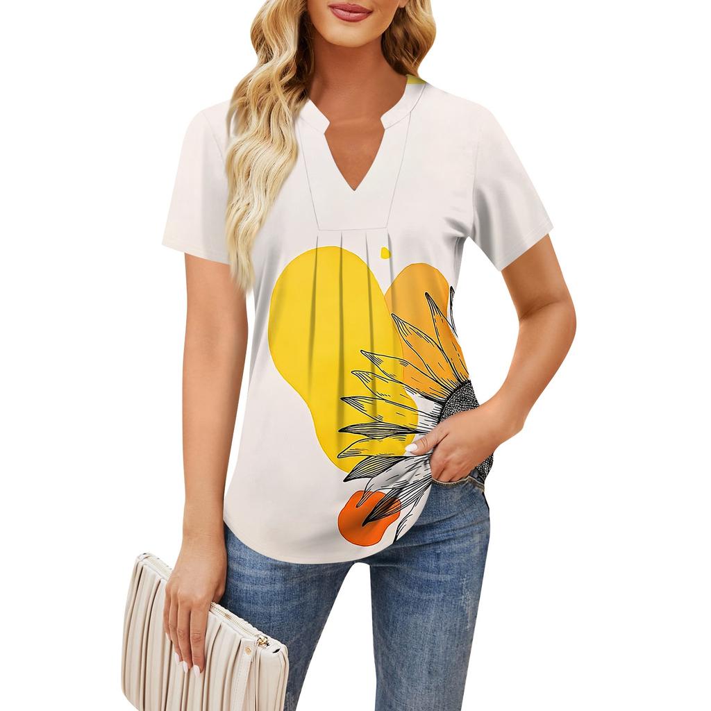 Women's Short Sleeve Casual V-neck Chest Pleated Printed Loose T-shirt Top
