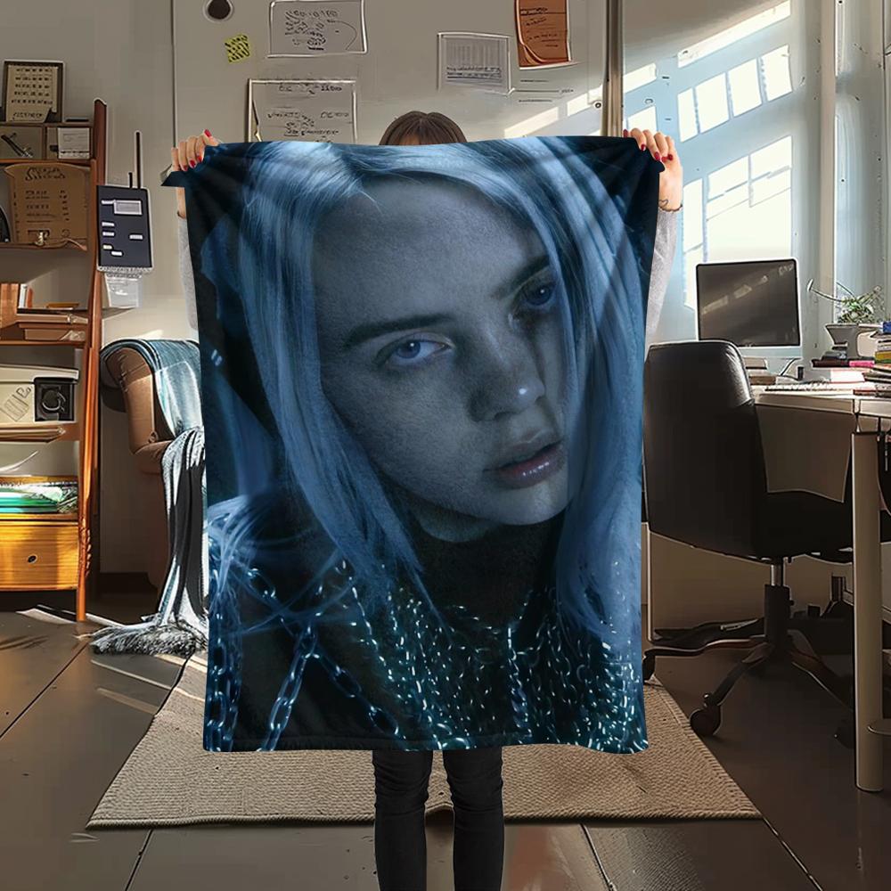 1Pc Billie Eilish Print Flannel Blanket, High quality Comfortable for All Seasons, Home Decor, Warmth and Comfort, Perfect for Christmas Gifts