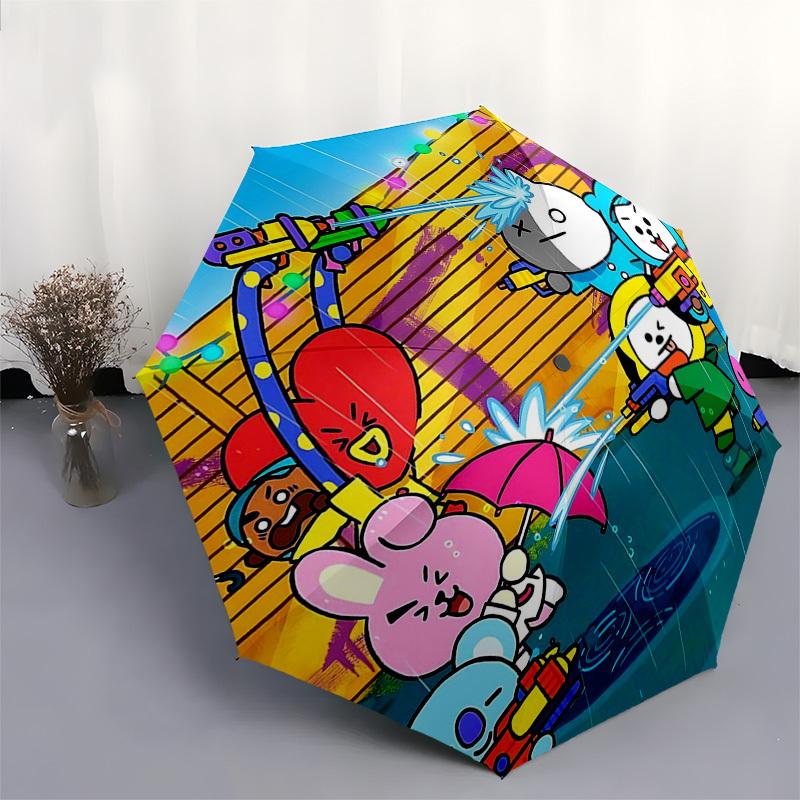 1 шт. Складной зонт BT21 для улицы - Автоматическое открытие/закрытие, Портативная 3-складная конструкция с 8-реберным железным каркасом - Идеальный подарок для фанатов, Путешественника
