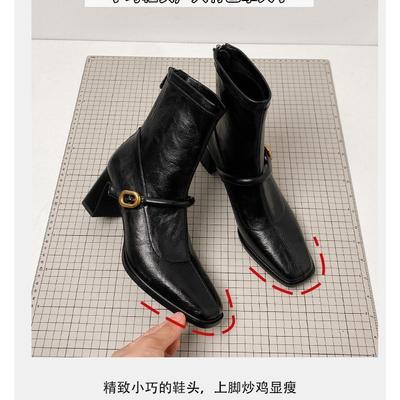 Французские квадратный носок высокий каблук тонкие ботильоны женские 2025 осень и зима новые ретро толстый каблук эластичные короткие ботинки черные модные ботинки