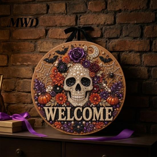 Welcome Sign Halloween Pearl Diamond Art Sign, 2D Flat Rhinestone Painting Craft Entryway Hanging Wooden Ornament, Sparkling Ghost Cat Grim