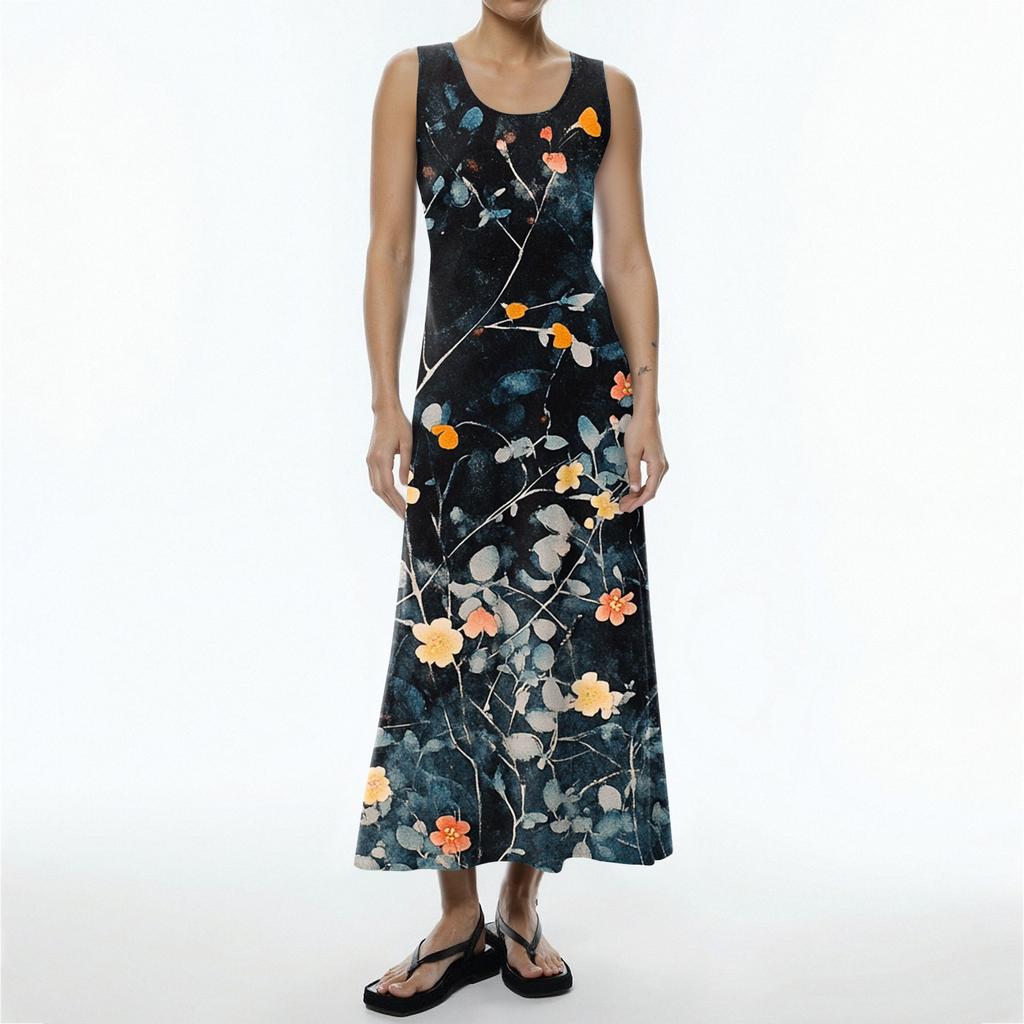 Женское летнее повседневное модное платье без рукавов с круглым вырезом и карманом с цветочным принтом