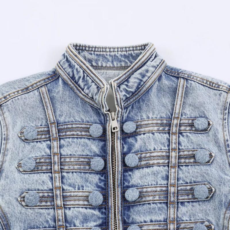 RZ Handmade Womens Stylish Button Detail Fitted Denim Jacket