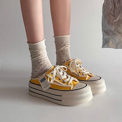 Туфли Baotou женские весенние новые парусиновые туфли без каблука универсальные для ленивых людей носить наполовину тапочки на толстой подошве тренд