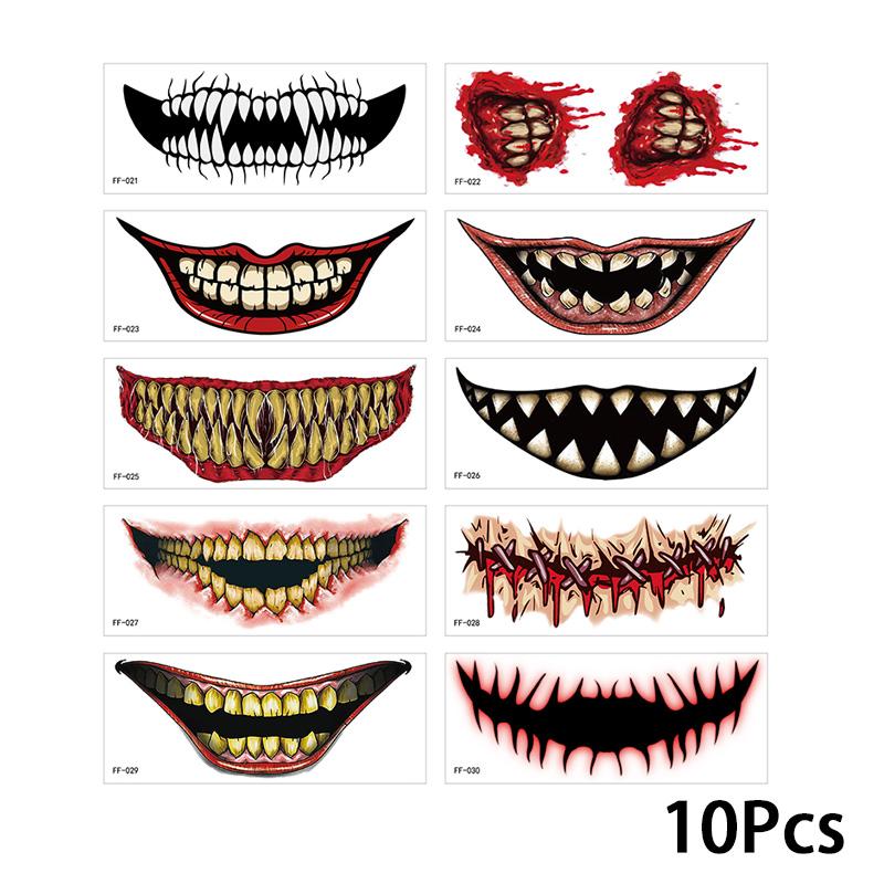 Новые наклейки ужасов, страшные временные татуировки с большим ртом, Хэллоуин, наклейка для татуировки на лицо, кровавый шрам