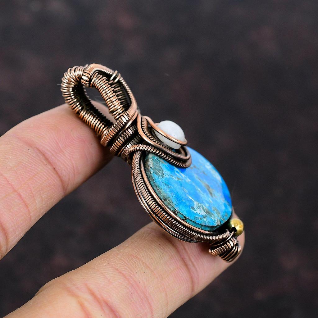 Подвеска из аризонской бирюзы и меди, украшения, обмотанные медной проволокой, подвеска из драгоценного камня ручной работы, подвеска из радужного лунного камня, обмотанная проволокой, подарок для нее