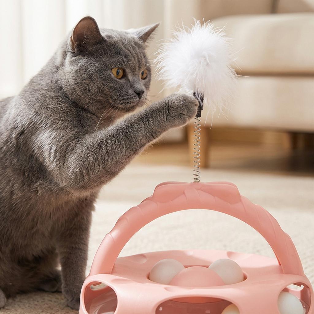 Interactive Cats Turntable Toy With Feather Wand, Multi-Layer Track Puzzle Toy For Indoor Cats, Self-Entertainment & Boredom Relief