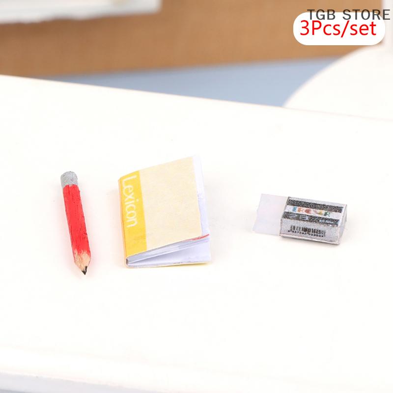 1Set 1:12 Dollhouse Pencil Eraser Notebook Set Student Stationery Model Kid Pretend Play Toy Doll House Accessories