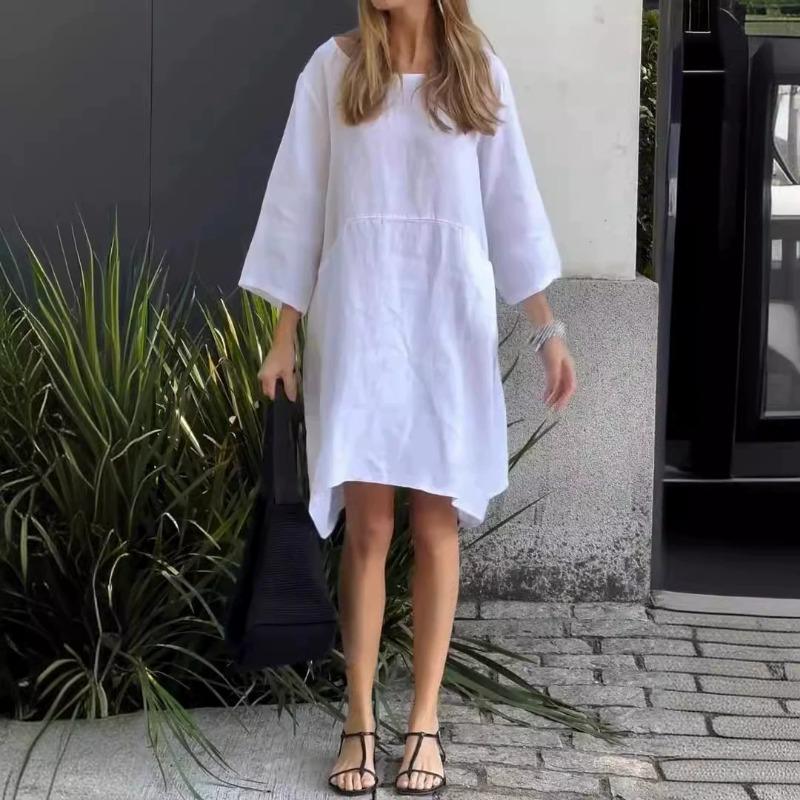 Summer Ladies Lovely Solid Color Loose Casual Pocket Cotton Linen Dress