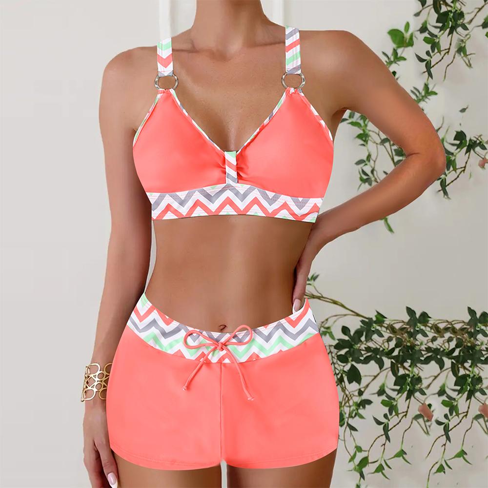 Плюс Размер Женская мода сексуальный круглый вырез с синей полоской бикини комплект облегающий пляжный купальник из двух частей