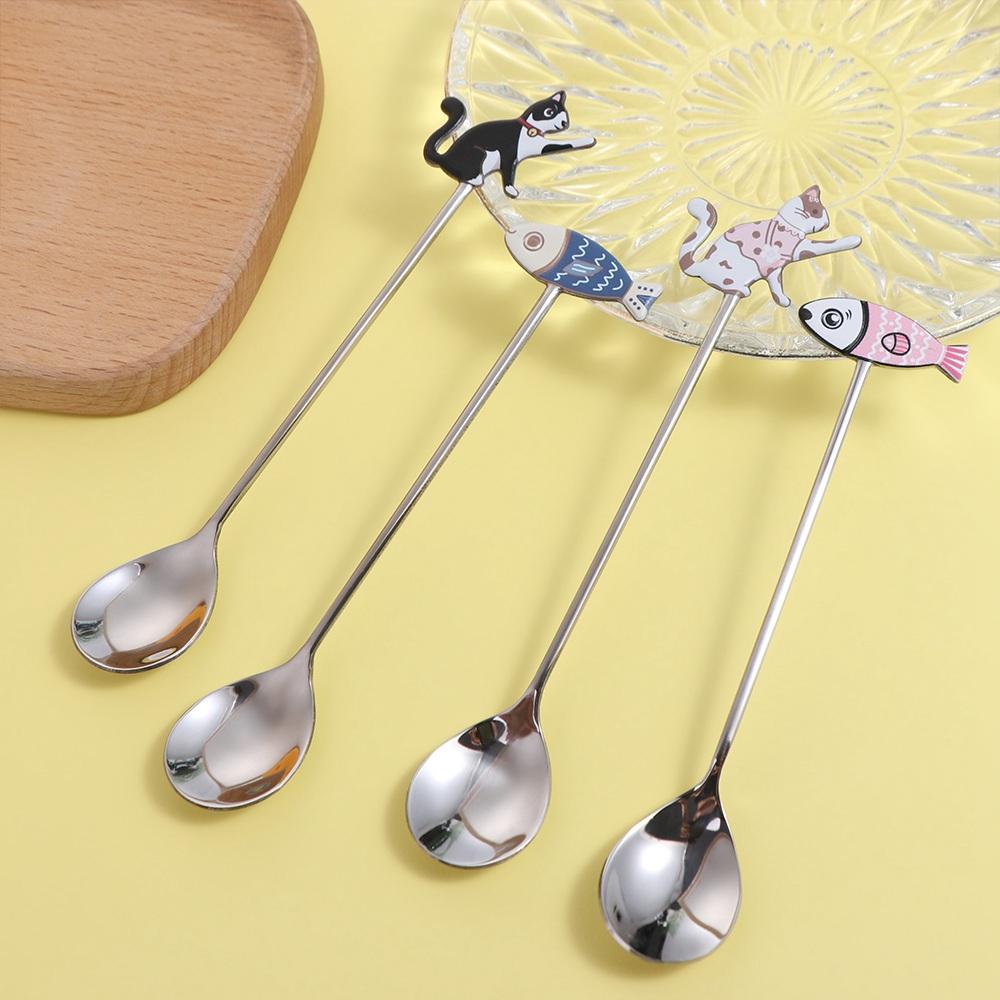 Japanese Korean Style Cat Fish Stainless Steel Spoon Polished Teaspoon Cute Stirring Spoon Cake